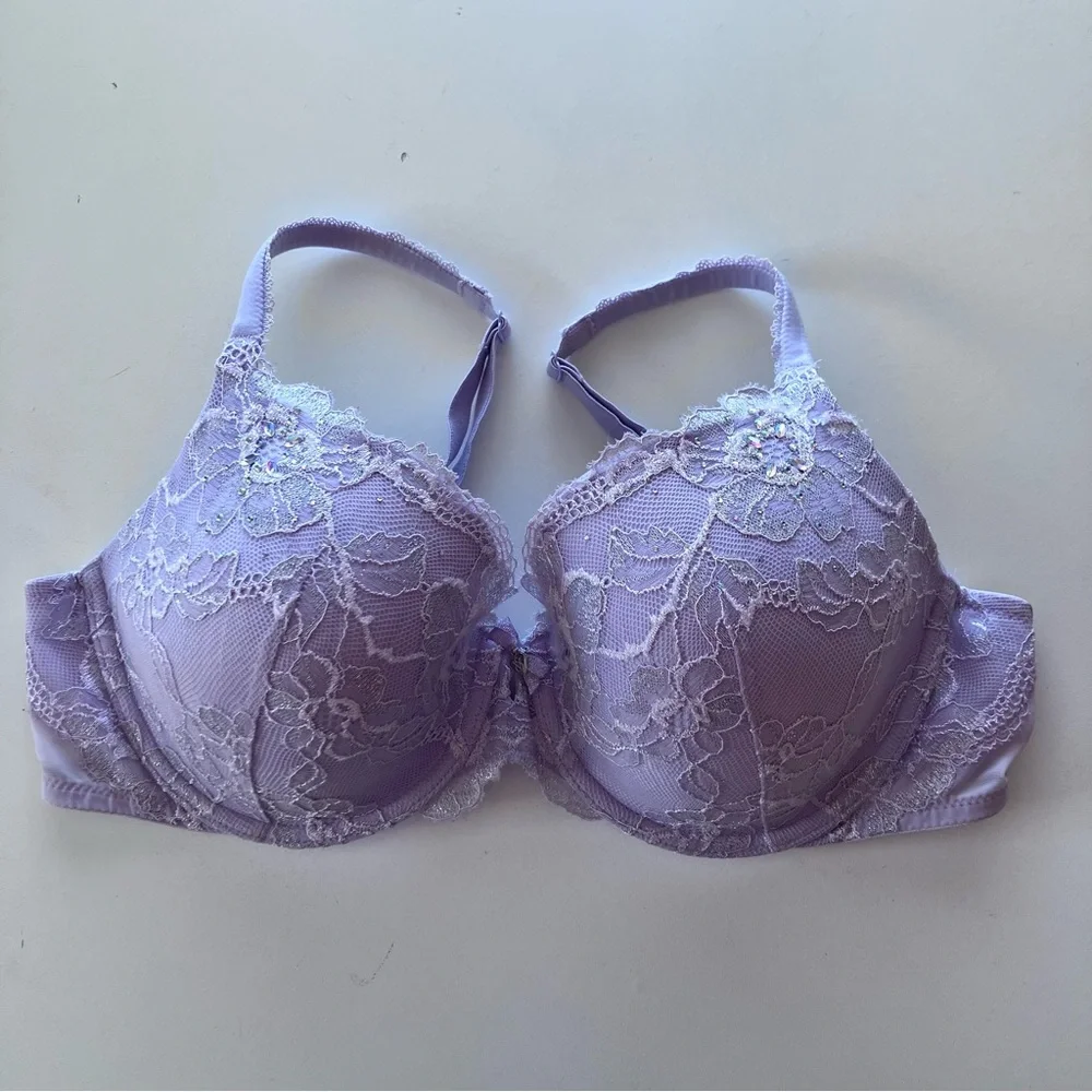 Victoria's Secret Lavender Floral Lace Rhinestone Push Up Bra 38C Shimmer Lilac - Picture 5 of 15